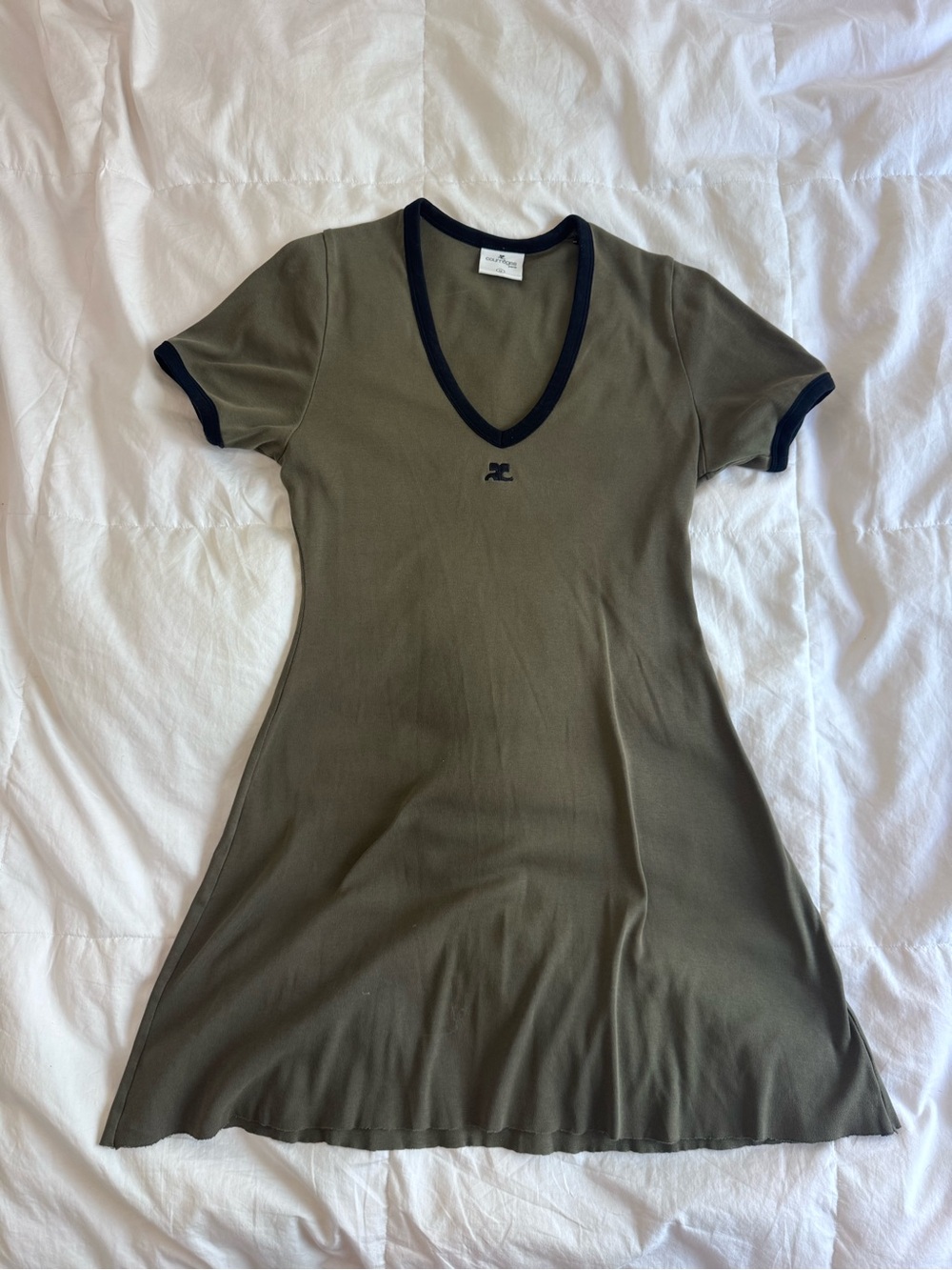 Courreges Khaki Green V-Neck Short Sleeve Minidress